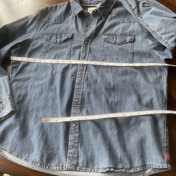 Women’s Denim Wrangler Pearl Snap Front Peace Hope Love Long Sleeve Shirt XL - Picture 12 of 15